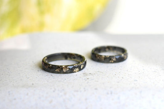 Black Resin Ring with Gold Leaf – Thin Unisex Band for Everyday Wear, Unique Engagement or Wedding Ring, Lightweight and Hypoallergenic