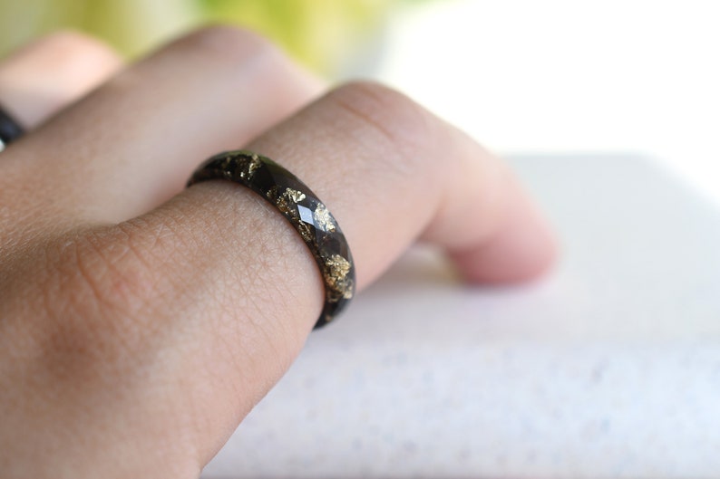 Black Resin Ring with Gold Leaf – Thin Unisex Band for Everyday Wear, Unique Engagement or Wedding Ring, Lightweight and Hypoallergenic