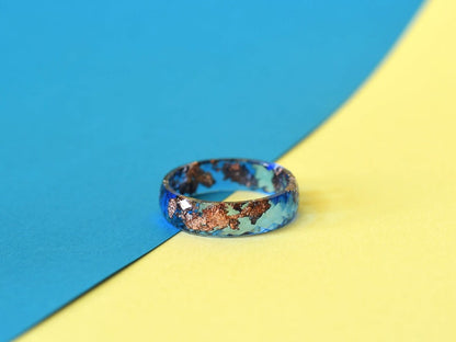 Cobalt Blue Ring with Rose Gold Leaf - Mens Wedding Band - Faceted Rings For Men - Resin Jewelry