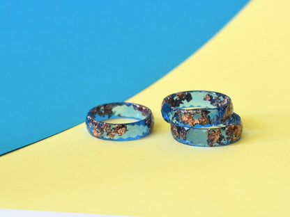 Cobalt Blue Ring with Rose Gold Leaf - Mens Wedding Band - Faceted Rings For Men - Resin Jewelry