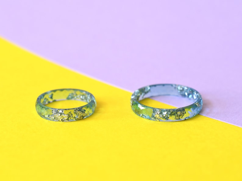 Skinny Aqua Blue Resin Ring With Silver Leaf - Unisex Faceted Band Ring