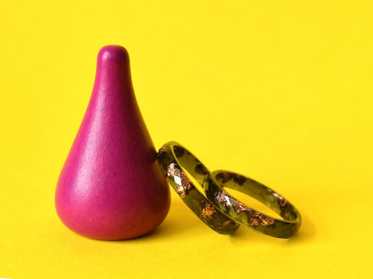 Black Resin Ring With Rose Gold Leaf - Thin Faceted Stacking Ring - Resin Jewelry