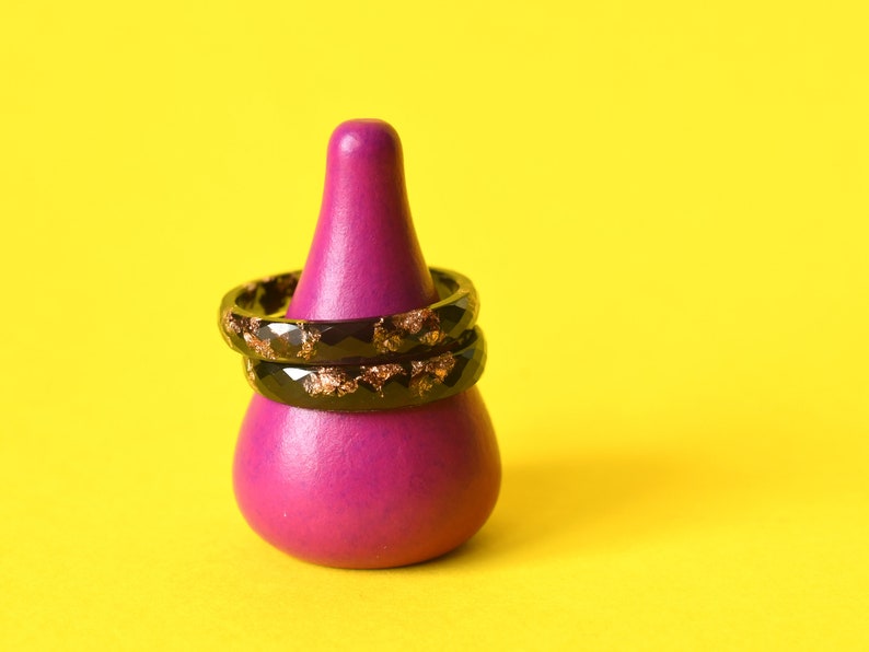 Black Resin Ring With Rose Gold Leaf - Thin Faceted Stacking Ring - Resin Jewelry
