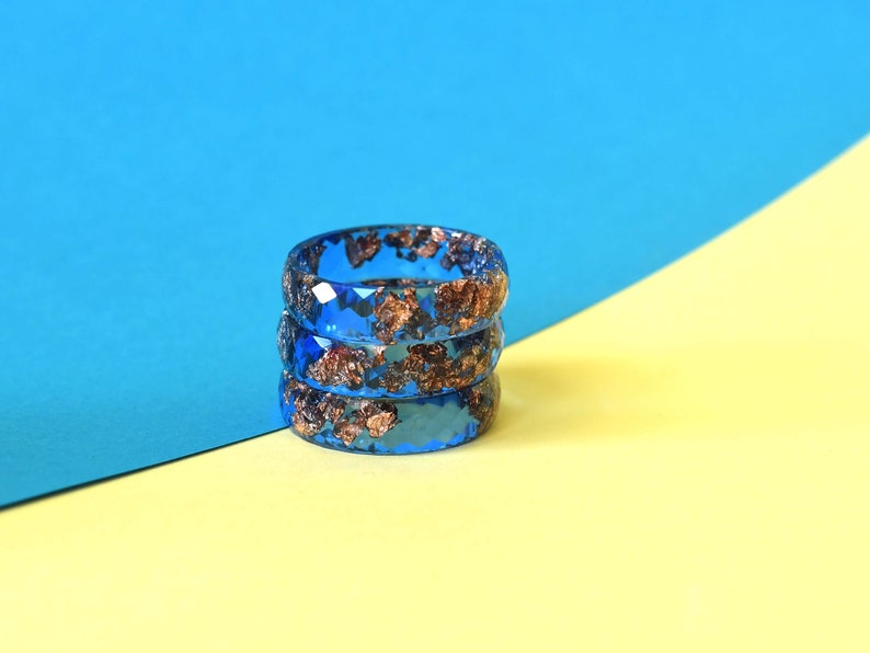 Cobalt Blue Ring with Rose Gold Leaf - Mens Wedding Band - Faceted Rings For Men - Resin Jewelry