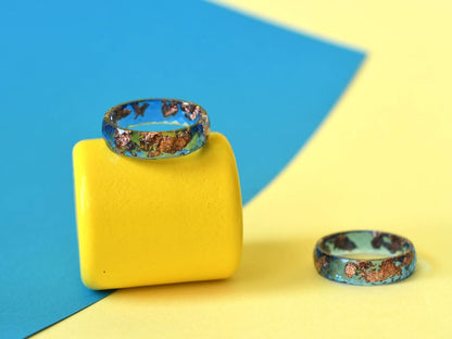 Cobalt Blue Ring with Rose Gold Leaf - Mens Wedding Band - Faceted Rings For Men - Resin Jewelry