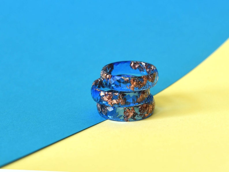 Cobalt Blue Ring with Rose Gold Leaf - Mens Wedding Band - Faceted Rings For Men - Resin Jewelry