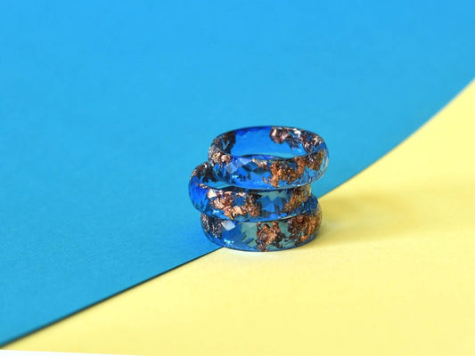 Cobalt Blue Ring with Rose Gold Leaf - Mens Wedding Band - Faceted Rings For Men - Resin Jewelry