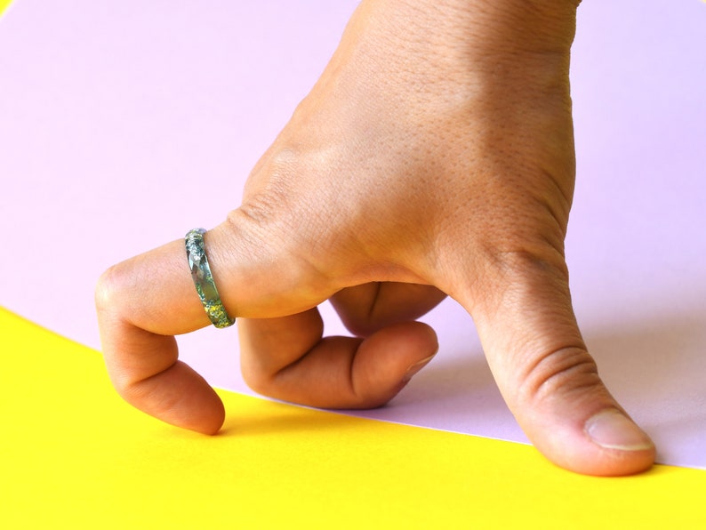 Skinny Aqua Blue Resin Ring With Silver Leaf - Unisex Faceted Band Ring