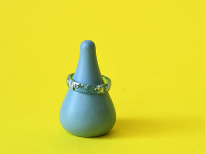 Skinny Aqua Blue Resin Ring With Silver Leaf - Unisex Faceted Band Ring