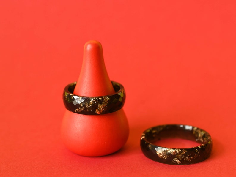 Black Resin Ring With Gold Leaf - Alternative Engagement Ring - Faceted Mens Ring