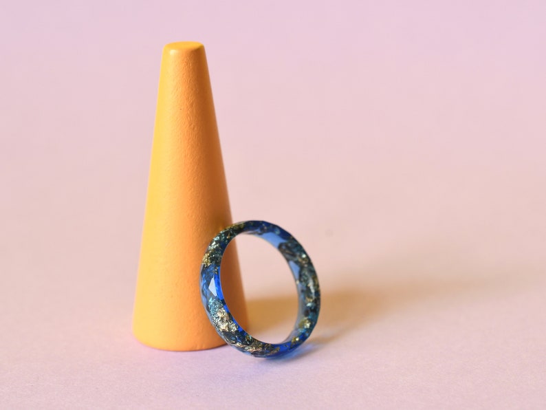 Sapphire Blue Resin Ring with Gold Leaf Accent - Minimalist Stacking Band for Men - Handcrafted Resin Jewelry