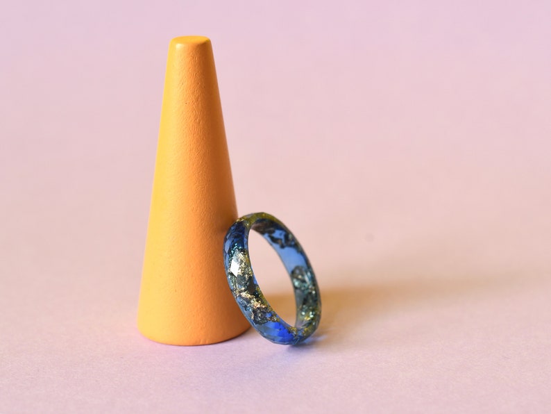 Sapphire Blue Resin Ring with Gold Leaf Accent - Minimalist Stacking Band for Men - Handcrafted Resin Jewelry