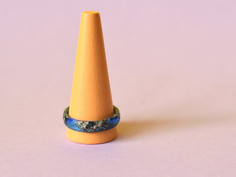 Sapphire Blue Resin Ring with Gold Leaf Accent - Minimalist Stacking Band for Men - Handcrafted Resin Jewelry