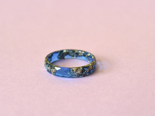 Sapphire Blue Resin Ring with Gold Leaf Accent - Minimalist Stacking Band for Men - Handcrafted Resin Jewelry