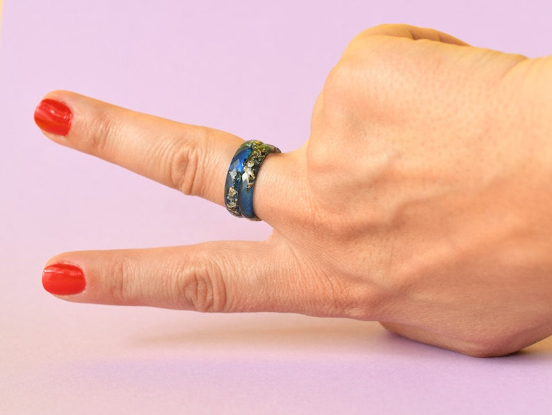 Sapphire Blue Resin Ring with Gold Leaf Accent - Minimalist Stacking Band for Men - Handcrafted Resin Jewelry