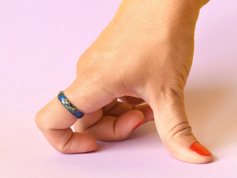 Sapphire Blue Resin Ring with Gold Leaf Accent - Minimalist Stacking Band for Men - Handcrafted Resin Jewelry