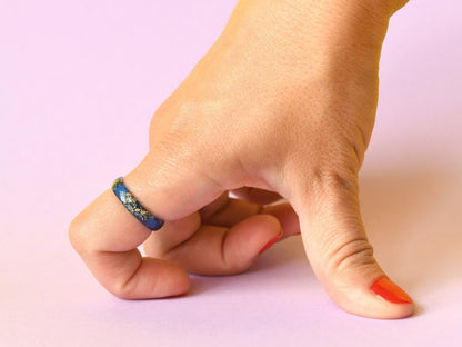 Sapphire Blue Resin Ring with Gold Leaf Accent - Minimalist Stacking Band for Men - Handcrafted Resin Jewelry