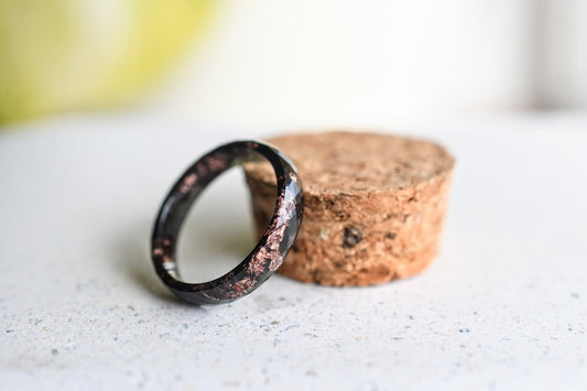 Black Resin Ring With Rose Gold Leaf - Thin Faceted Stacking Ring - Resin Jewelry