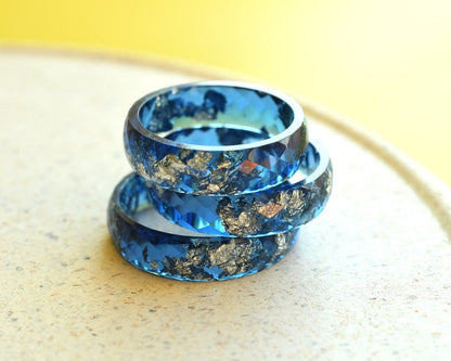 Navy Blue Faceted Ring with Silver Leaf - Sophisticated Statement Piece - Men's Rings - Unisex Resin Ring