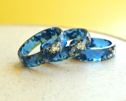 Navy Blue Faceted Ring with Silver Leaf - Sophisticated Statement Piece - Men's Rings - Unisex Resin Ring