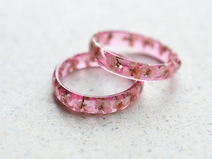Delicate Pink Resin Promise Ring with White Alyssum Dried Flowers - Ring for Her - Pressed Flower Jewelry