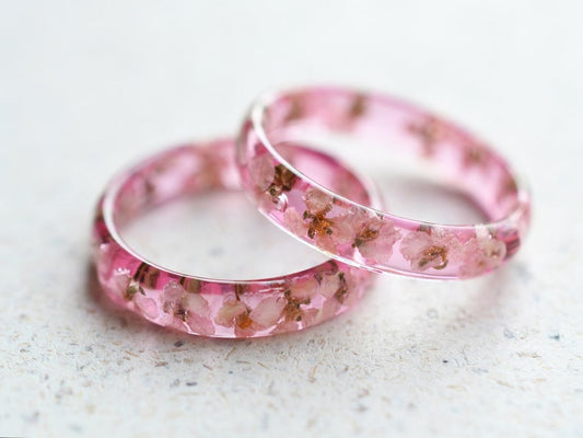 Delicate Pink Resin Promise Ring with White Alyssum Dried Flowers - Ring for Her - Pressed Flower Jewelry