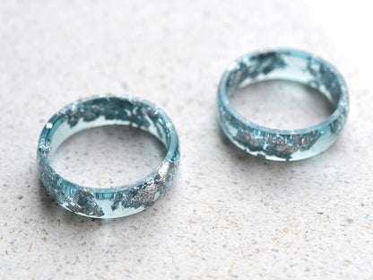 Smooth Aquamarine Resin Ring With Silver Leaf - Alternative Engagement Ring
