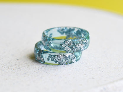 Smooth Aquamarine Resin Ring With Silver Leaf - Alternative Engagement Ring