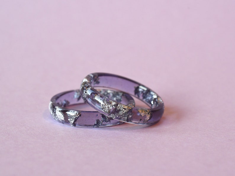 Handcrafted Amethyst Colored Resin Ring with Silver Leaf - Alternative February birthstone ring