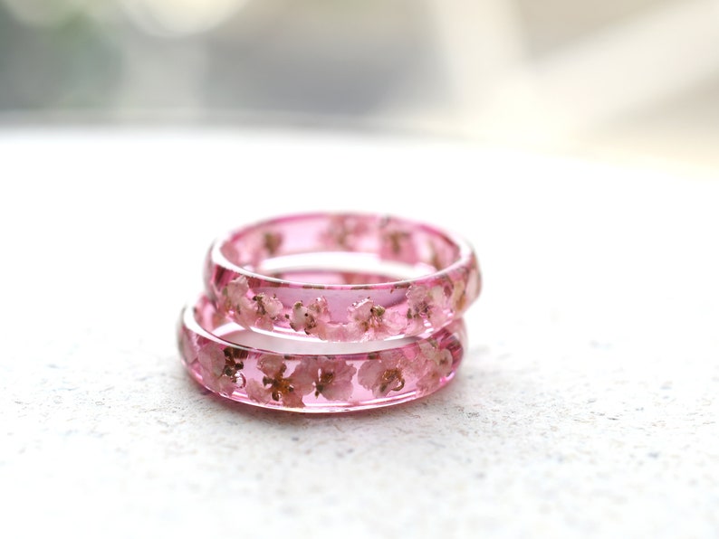 Delicate Pink Resin Promise Ring with White Alyssum Dried Flowers - Ring for Her - Pressed Flower Jewelry