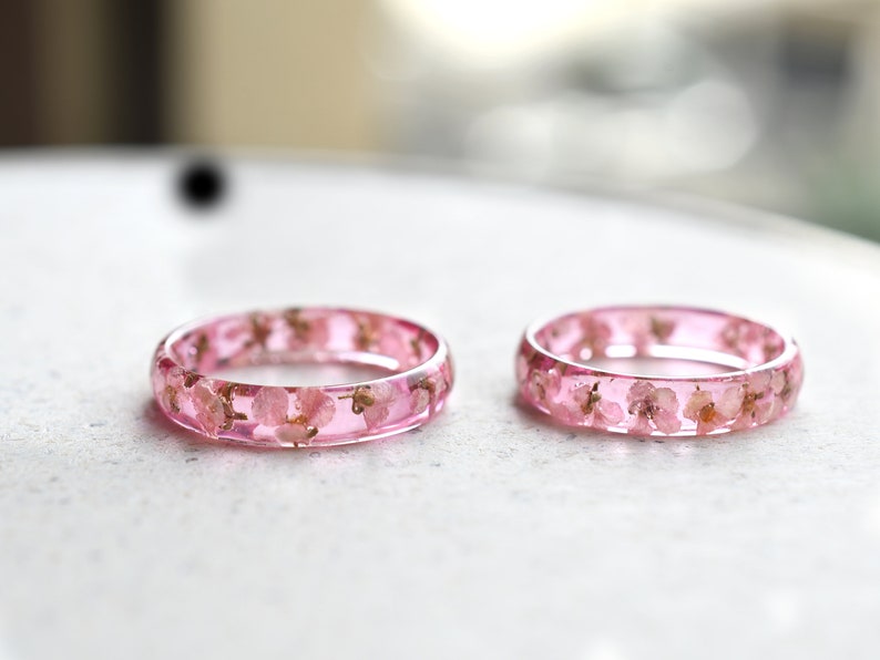Delicate Pink Resin Promise Ring with White Alyssum Dried Flowers - Ring for Her - Pressed Flower Jewelry