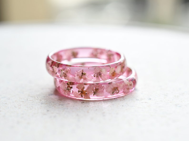 Delicate Pink Resin Promise Ring with White Alyssum Dried Flowers - Ring for Her - Pressed Flower Jewelry