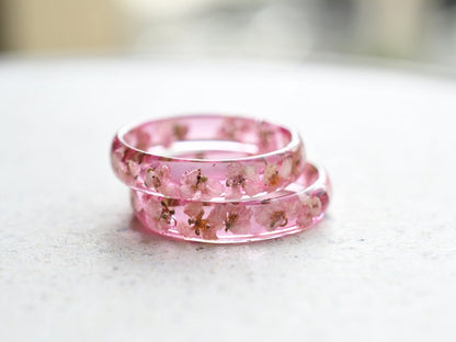 Delicate Pink Resin Promise Ring with White Alyssum Dried Flowers - Ring for Her - Pressed Flower Jewelry