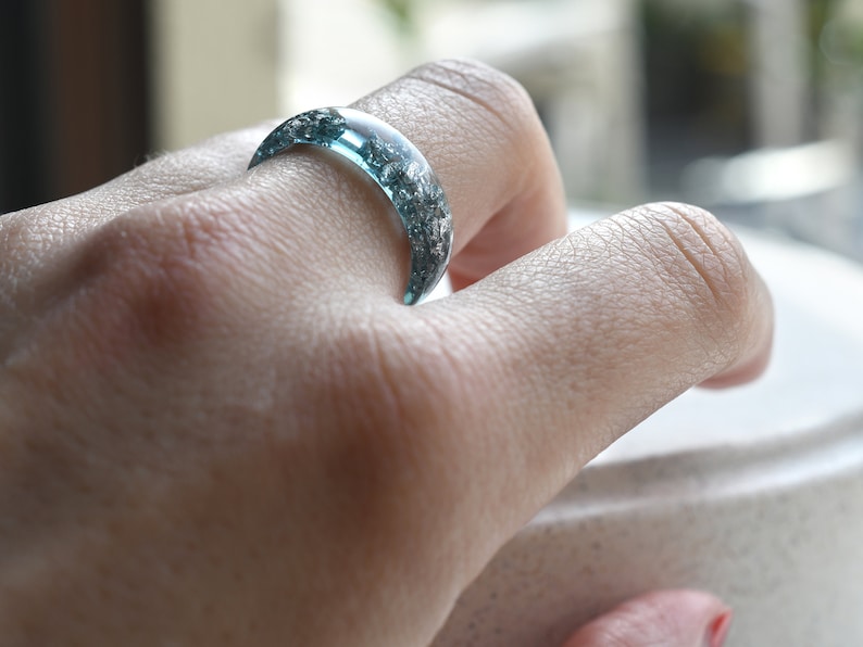 Smooth Aquamarine Resin Ring With Silver Leaf - Alternative Engagement Ring