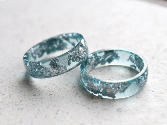 Smooth Aquamarine Resin Ring With Silver Leaf - Alternative Engagement Ring