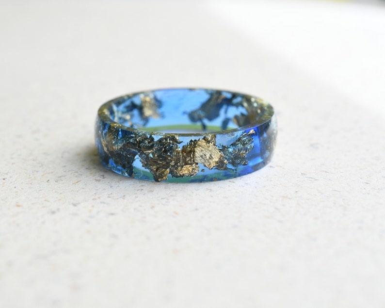 Sapphire Blue Resin Ring With Gold Leaf - Smooth Finish Wide Men's Ring - Unisex Ring