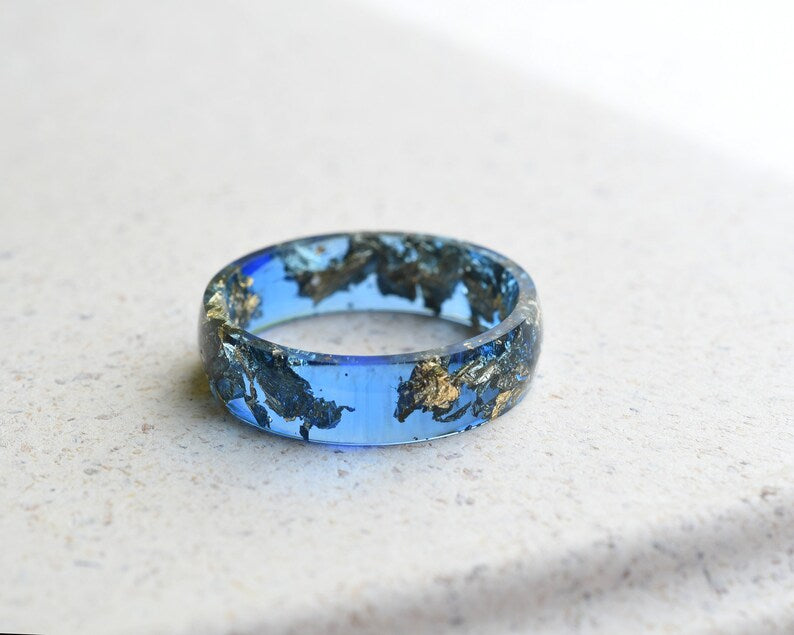 Sapphire Blue Resin Ring With Gold Leaf - Smooth Finish Wide Men's Ring - Unisex Ring