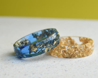 Sapphire Blue Resin Ring With Gold Leaf - Smooth Finish Wide Men's Ring - Unisex Ring