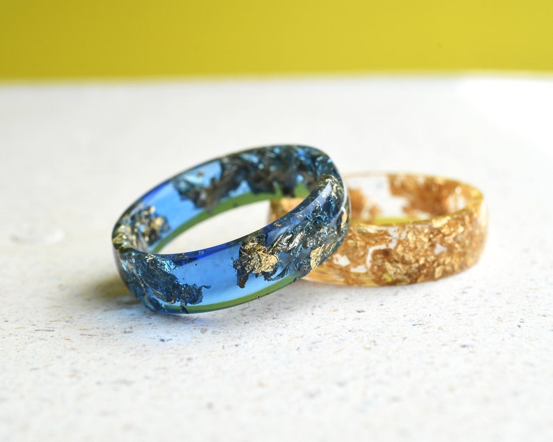 Sapphire Blue Resin Ring With Gold Leaf - Smooth Finish Wide Men's Ring - Unisex Ring