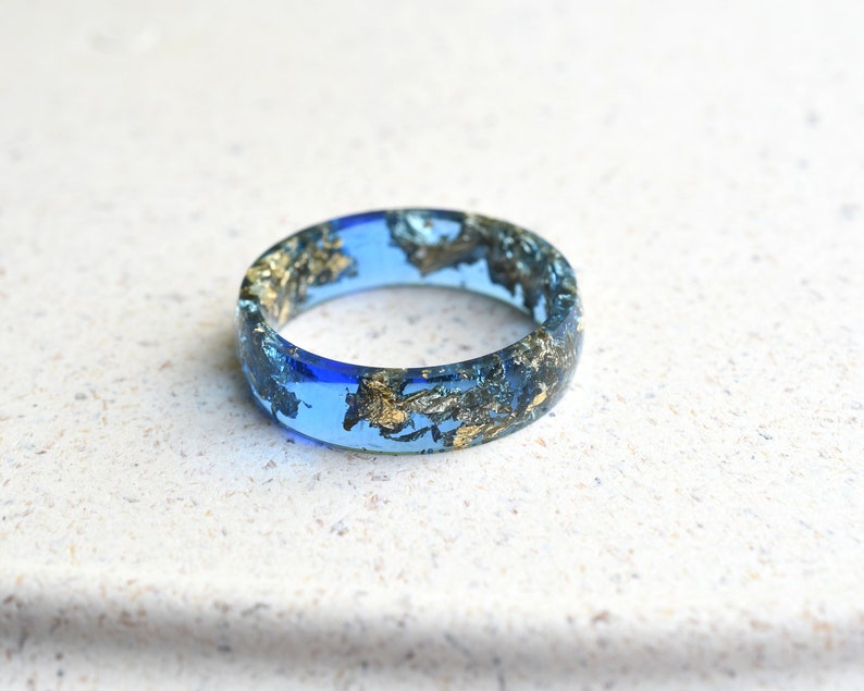 Sapphire Blue Resin Ring With Gold Leaf - Smooth Finish Wide Men's Ring - Unisex Ring