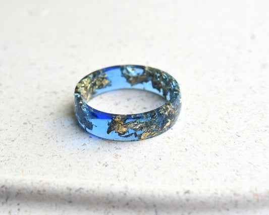 Sapphire Blue Resin Ring With Gold Leaf - Smooth Finish Wide Men's Ring - Unisex Ring