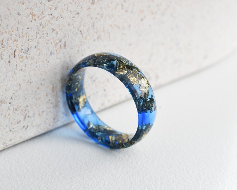 Sapphire Blue Resin Ring With Gold Leaf - Smooth Finish Wide Men's Ring - Unisex Ring