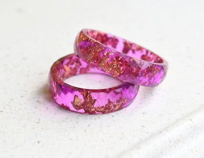 Pink Magenta Resin Ring with Gold Leaf – Faceted and Unique Resin Ring - Epoxy Resin Jewelry