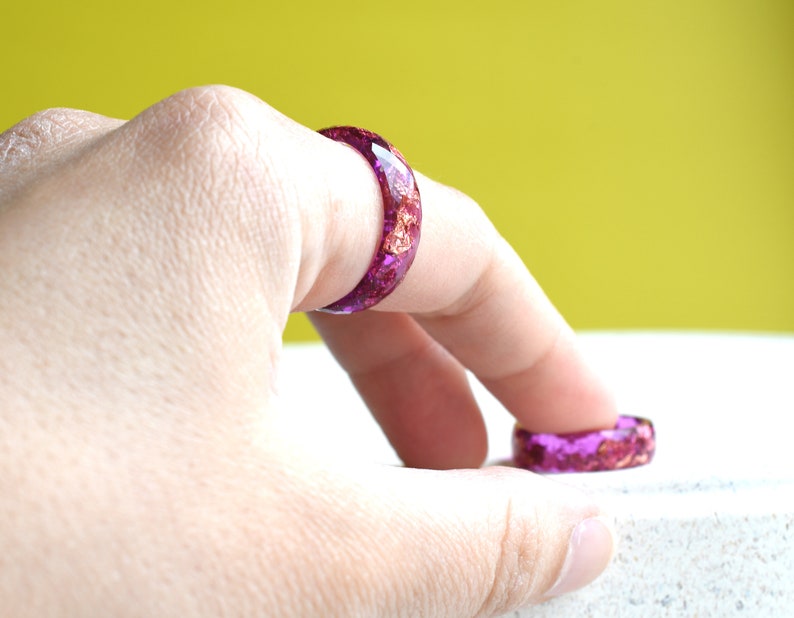 Pink Magenta Resin Ring with Gold Leaf – Faceted and Unique Resin Ring - Epoxy Resin Jewelry