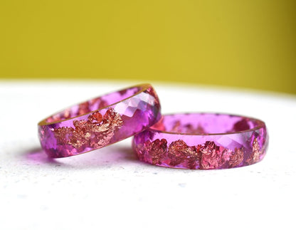 Pink Magenta Resin Ring with Gold Leaf – Faceted and Unique Resin Ring - Epoxy Resin Jewelry