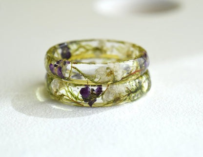 Dried Moss and Alyssum Flowers Ring - Real Dried Flowers Resin Jewelry - Nature inspired ring