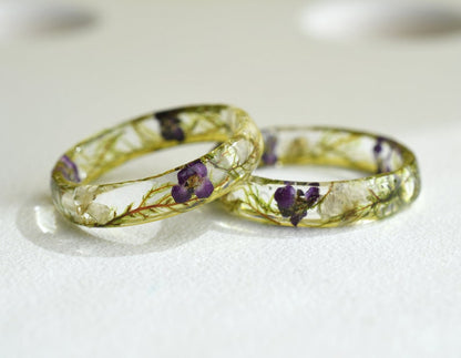 Dried Moss and Alyssum Flowers Ring - Real Dried Flowers Resin Jewelry - Nature inspired ring