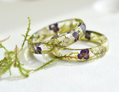 Dried Moss and Alyssum Flowers Ring - Real Dried Flowers Resin Jewelry - Nature inspired ring