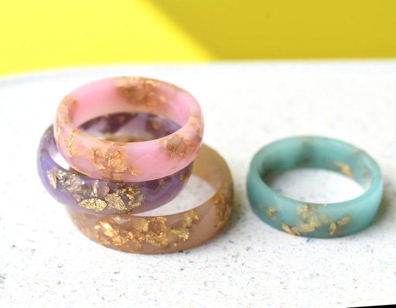 Pastel Colors Resin Rings with Gold Leaf - Wide Faceted Rings - Pink, Blue, Purple and Nude Rings