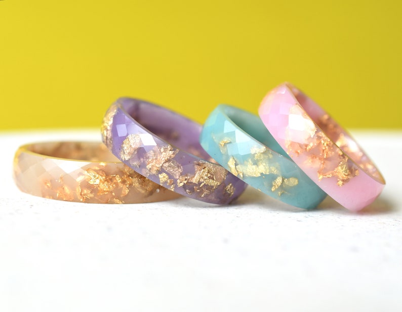 Pastel Colors Resin Rings with Gold Leaf - Wide Faceted Rings - Pink, Blue, Purple and Nude Rings